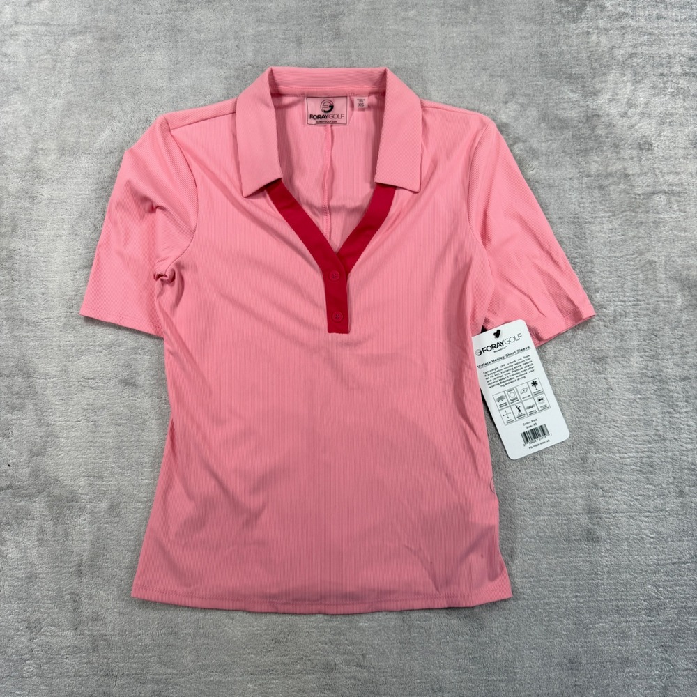 Foray Golf Shirt Women XS Pink Ribbed V Neck Henley Polo Short Sleeve Athletic